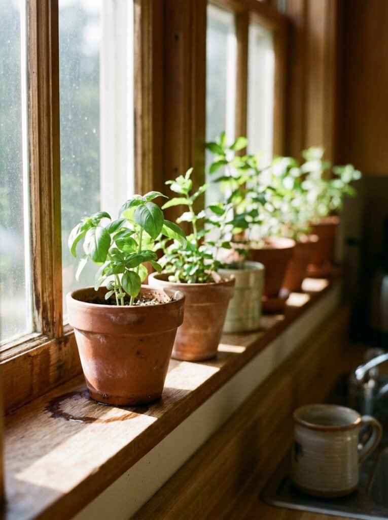 Fresh potted herbs growing on a sunny rental kitchen windowsill