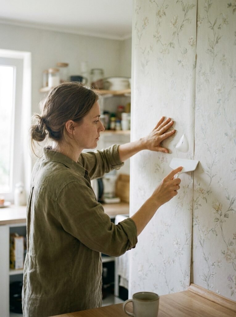Woman applying light floral removable wallpaper in a rental kitchen