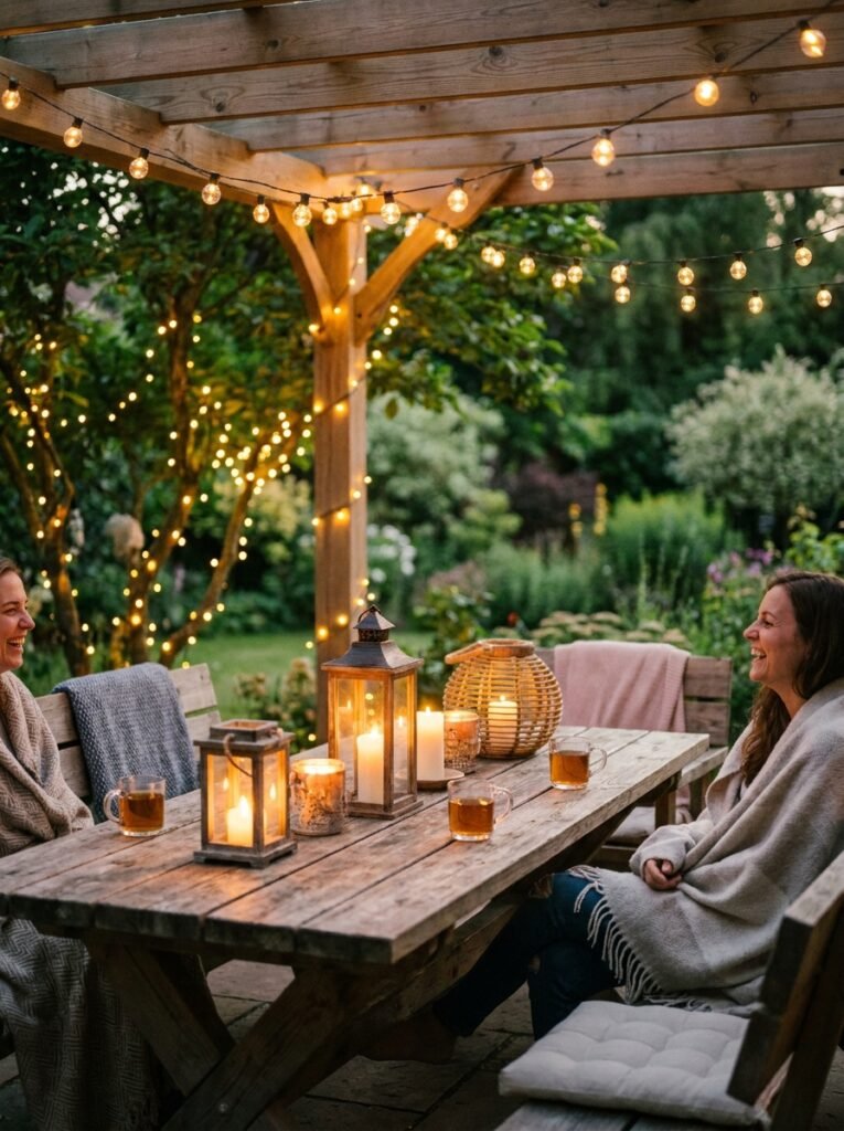 Warm string lights and lanterns providing cozy patio lighting inspiration