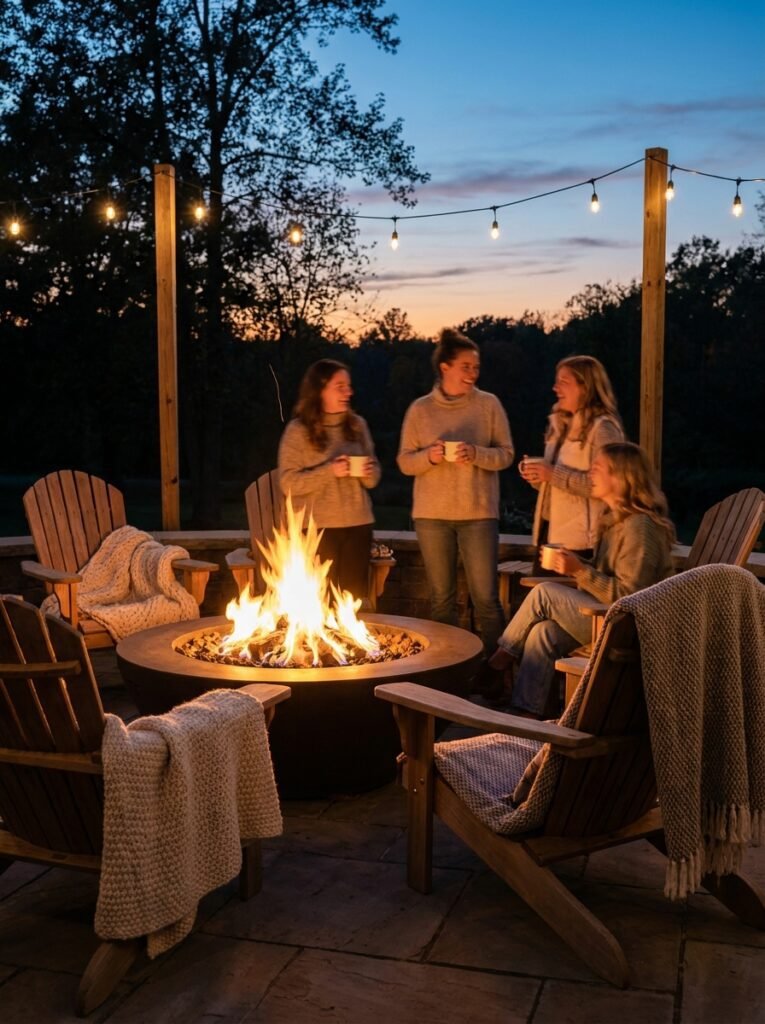 A glowing fire pit as cozy patio inspiration for cool evenings