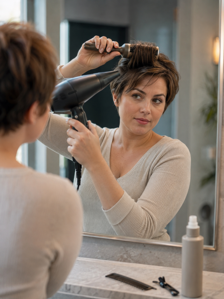 Woman adding volume to the crown of her short hair at a mirror