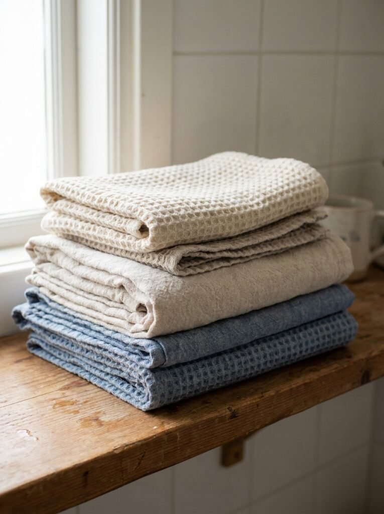 Folded waffle-weave and cotton towels stacked on an open bathroom shelf