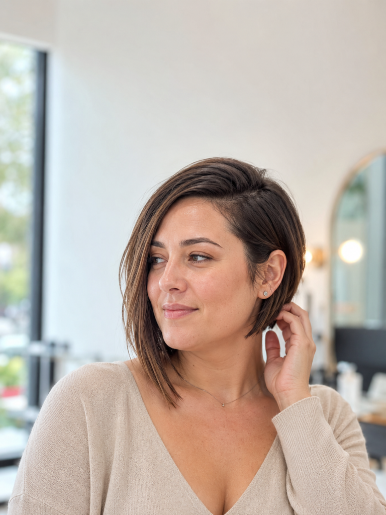 Woman with an asymmetrical angled bob against a plain wall in daylight