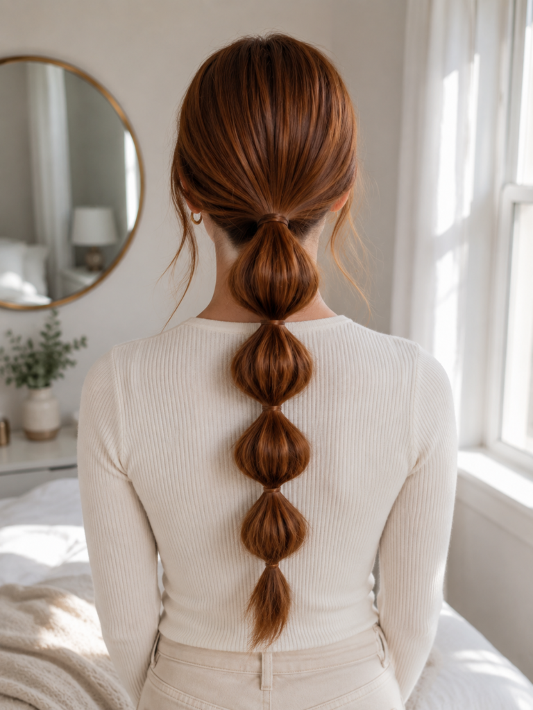 Long auburn hair in a low bubble ponytail with evenly spaced rounded sections