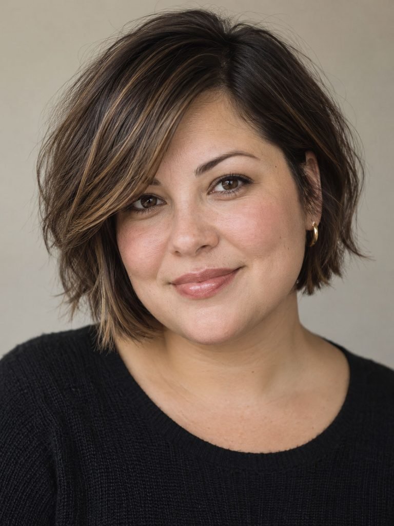 Woman with short hair showing soft side swept bangs and an off center part