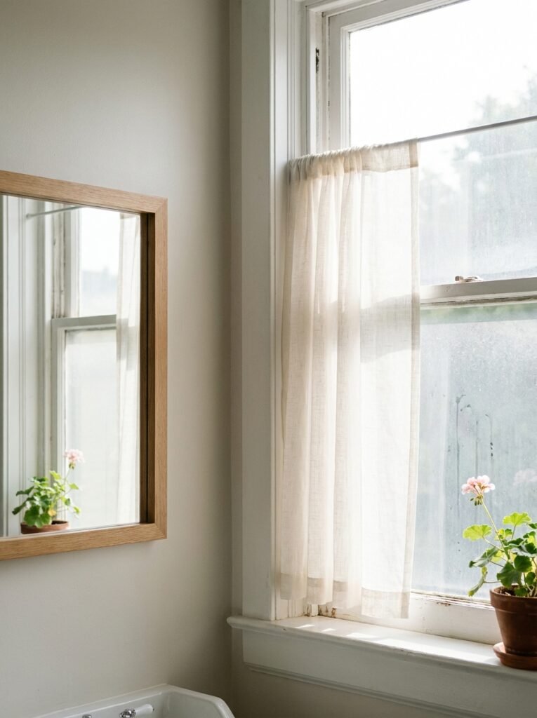 Bright bathroom window with sheer curtain and a mirror reflecting daylight