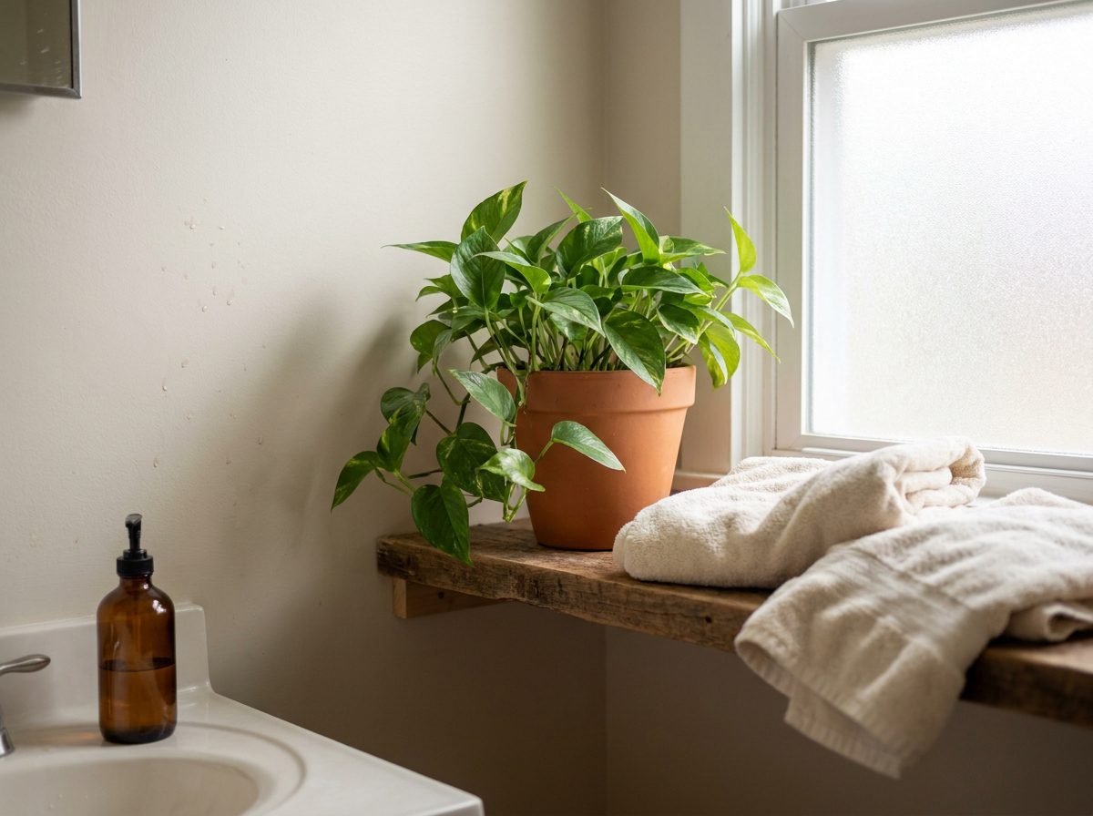 Small bathroom shelf with a trailing pothos plant beside folded towels near a sunlit window