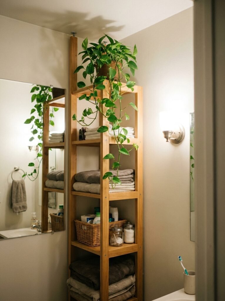 Tall narrow shelf with a trailing plant in a compact windowless bathroom