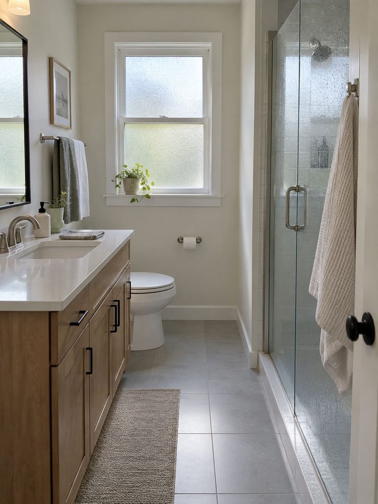 Small bathroom showing a bright window, dry vanity area, and steamy shower zone