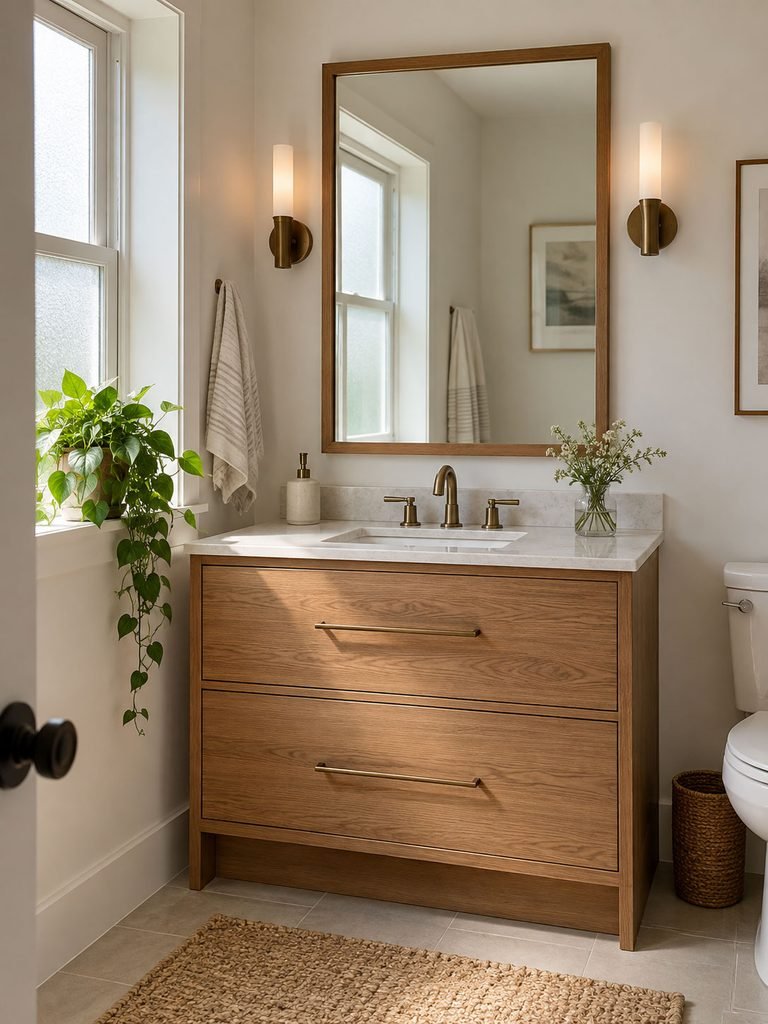 Large framed vanity mirror reflecting a bright bathroom window and clear surfaces