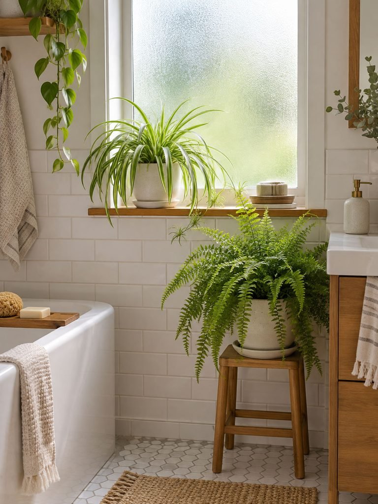 Spider plant and fern positioned near a bright frosted bathroom window