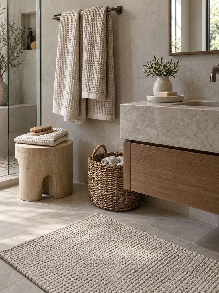 Waffle towels, cotton bath mat, ceramic tray, and woven basket in a dry bathroom area