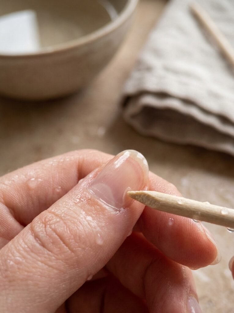 Gently pushing back cuticles to support healthy stronger nails