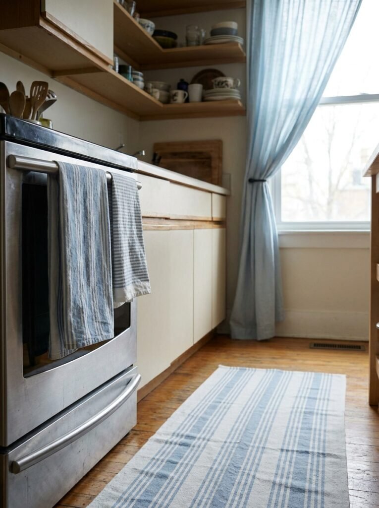 Blue striped textiles adding color to a neutral rental kitchen
