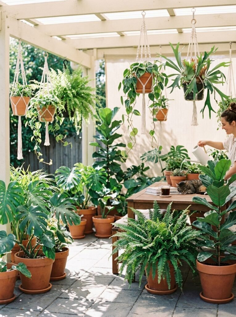 Lush green plants and hanging planters as patio inspiration