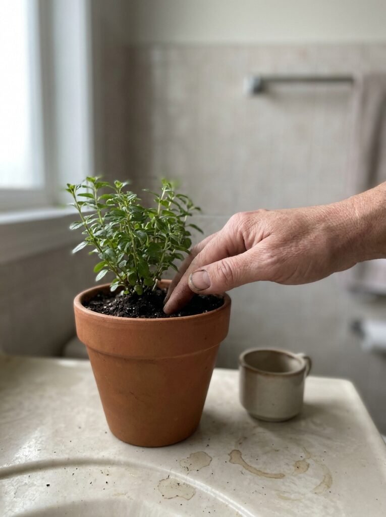 A hand checking the soil of a potted plant on a bathroom counter