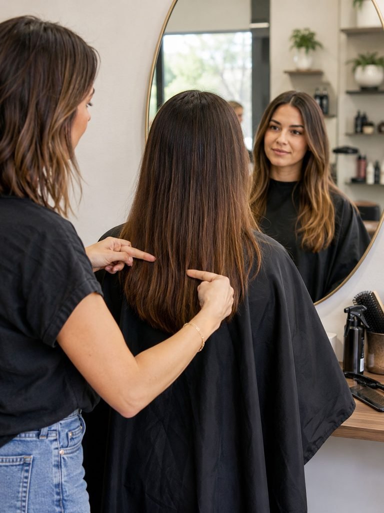 Stylist showing a client where the shortest proposed layer will end