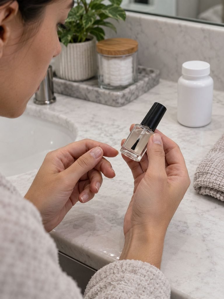 Natural nails beside an unbranded clear nail treatment and closed supplement container