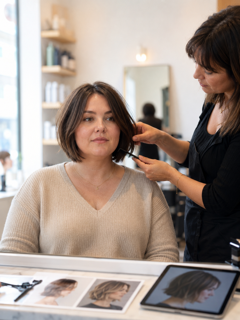 Woman checking the length of her chin-length hair in a mirror