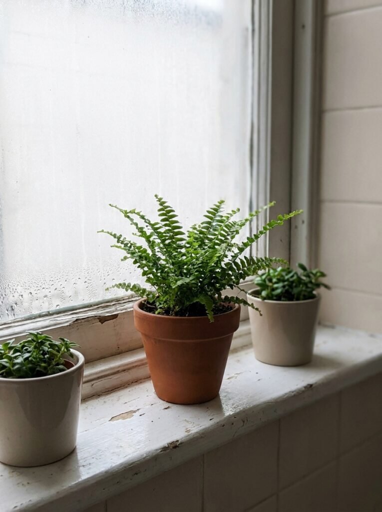 Boston fern and small potted plants arranged on a narrow bathroom windowsill