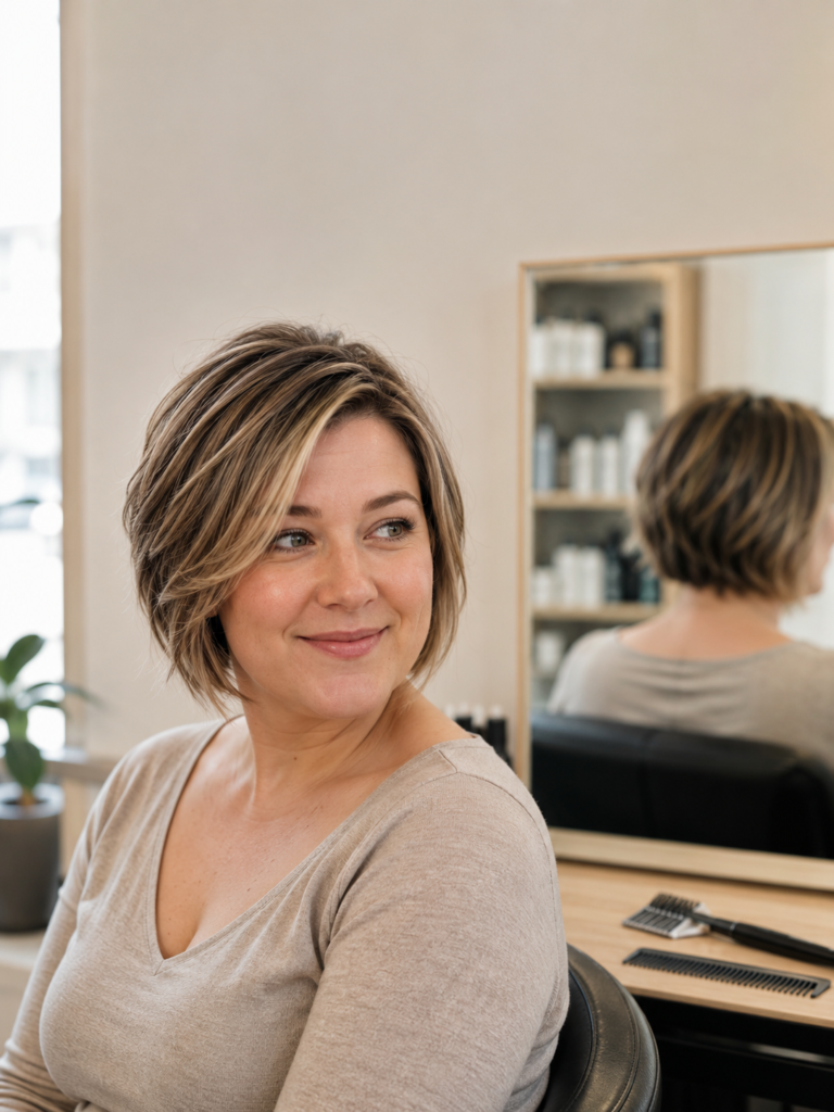 Woman with short hair and soft face-framing highlights in natural window light