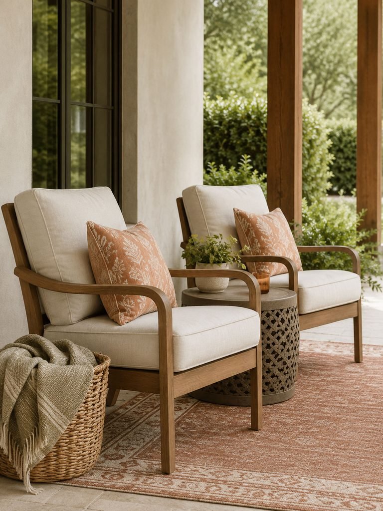 Cushioned outdoor chairs with pillows, a side table, and a soft throw on a sheltered patio