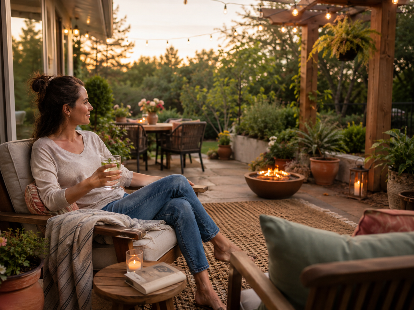 Woman relaxing with a drink on a cozy, plant-filled patio at golden hour.