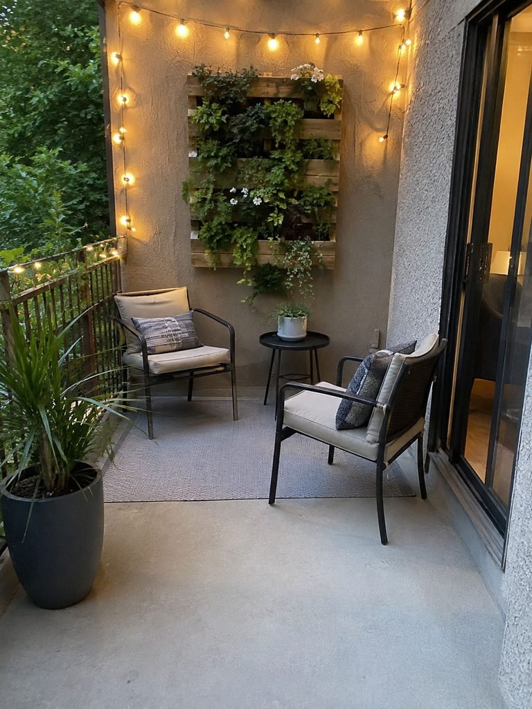 Compact patio with two chairs, a small table, vertical plants, and a clear center