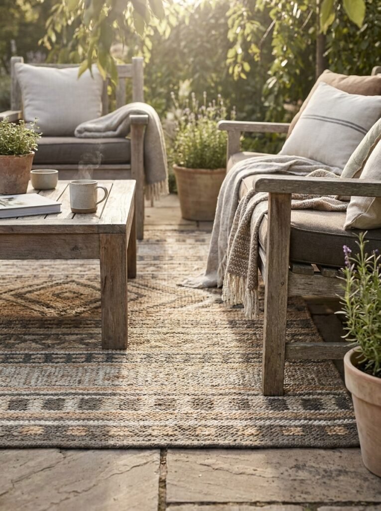 A textured outdoor rug adding warmth to a cozy patio space