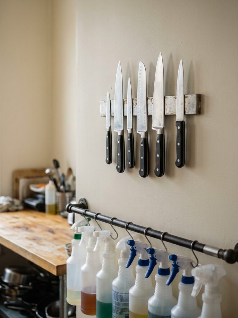 Magnetic knife strip and tension rod storage in a rental kitchen