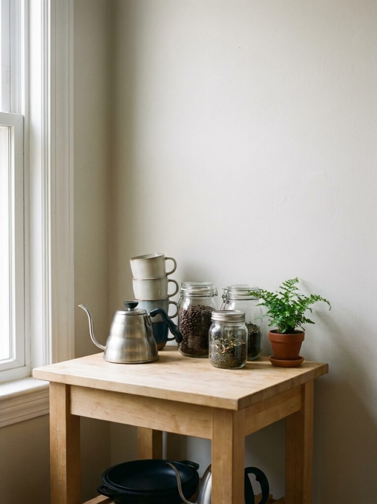 Wooden rolling cart used as a coffee and tea station in a rental kitchen