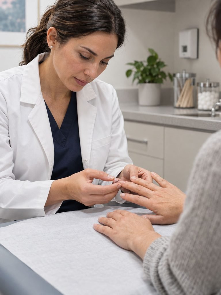 Clinician examining a patient's natural fingernails during a routine visit