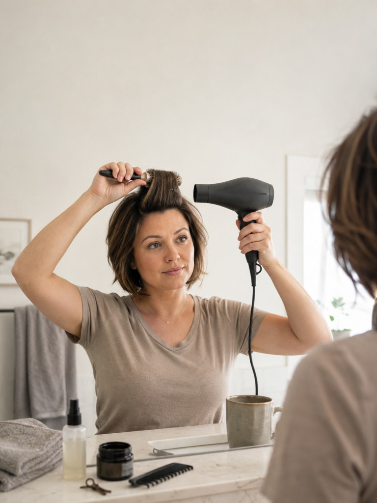 Woman blow-drying her short hair with a round brush at home