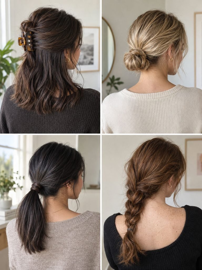 Four women showing a claw clip twist, low bun, ponytail, and side braid on medium hair