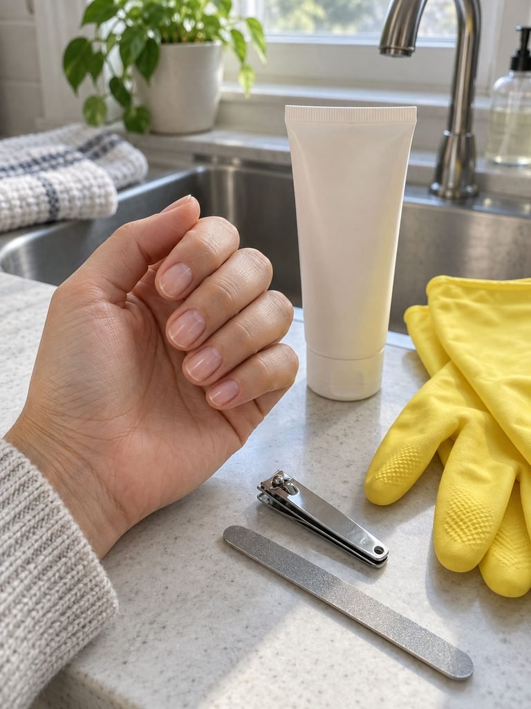 Short natural nails beside moisturizer, household gloves, clippers, and a nail file