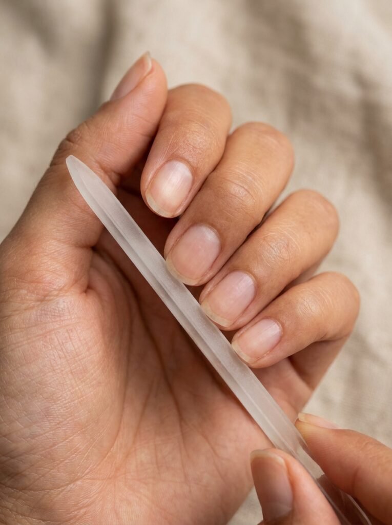 Filing nails in one direction with a glass file for stronger nails