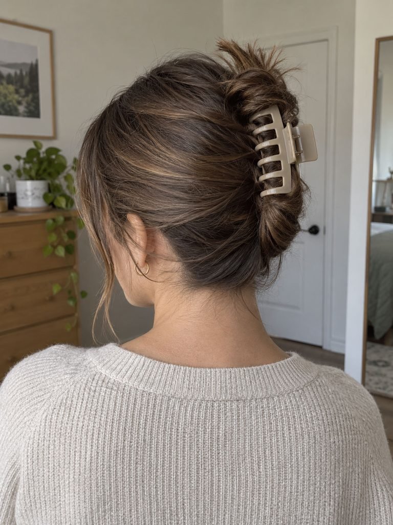 Medium hair twisted upward and secured with a large claw clip