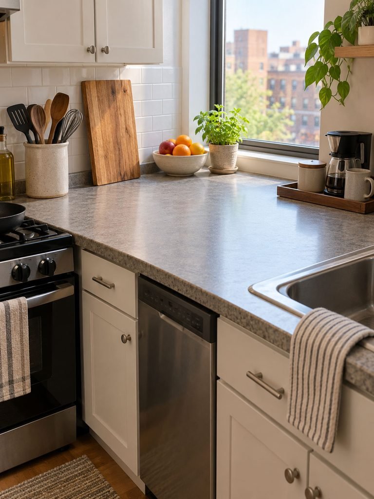 Rental kitchen counter with clear prep space, cutting board, utensil crock and compact coffee tray