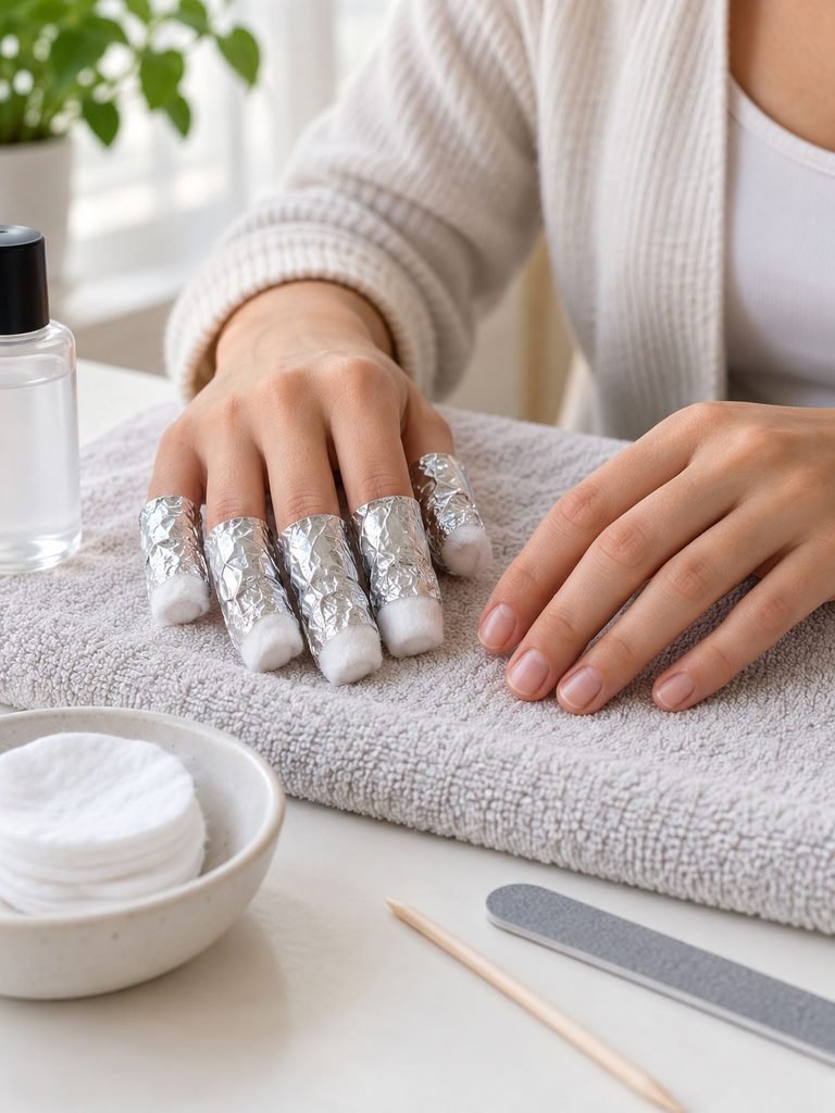 Fingertips wrapped for controlled gel polish removal without peeling
