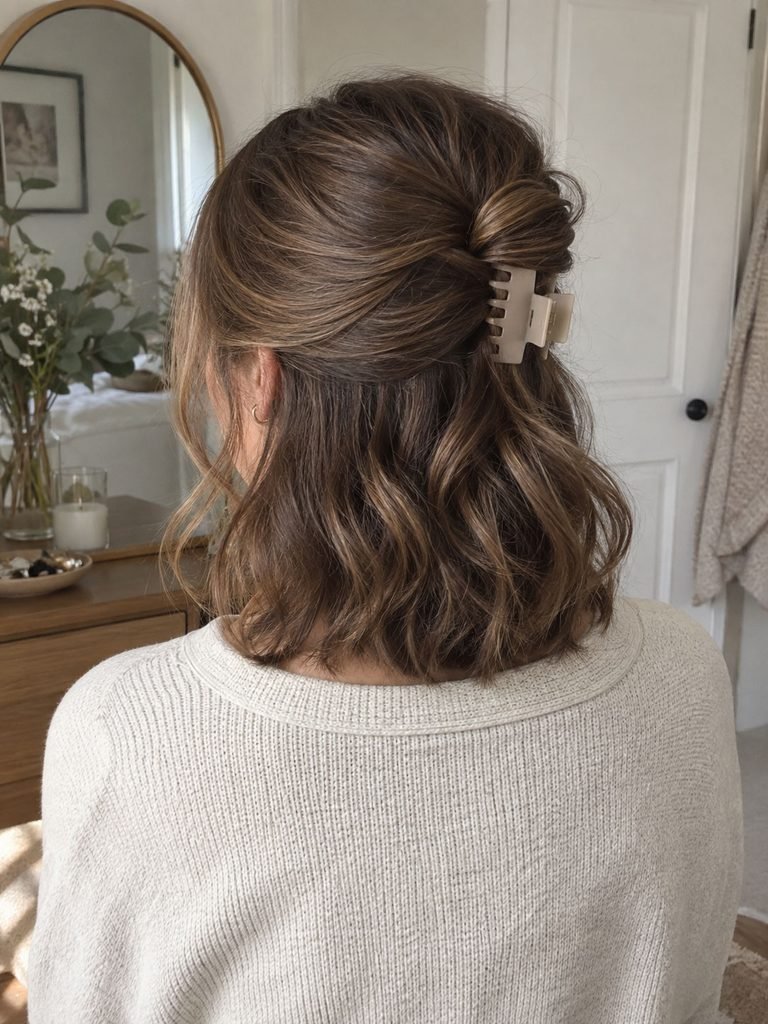 Half up twist secured with a medium claw clip on shoulder length wavy hair