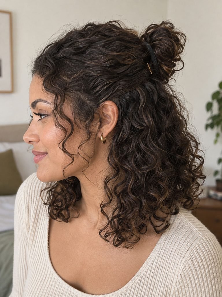Small half up bun on medium length naturally curly hair
