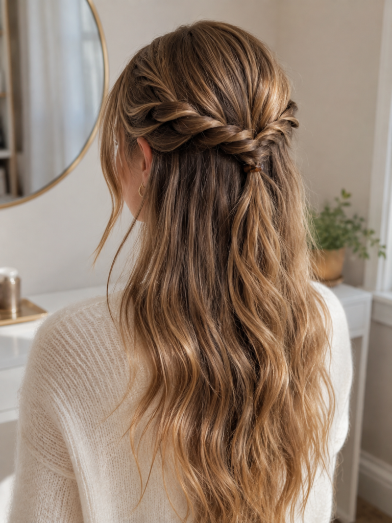 Long wavy hair styled half up with two rope twists joined at the back