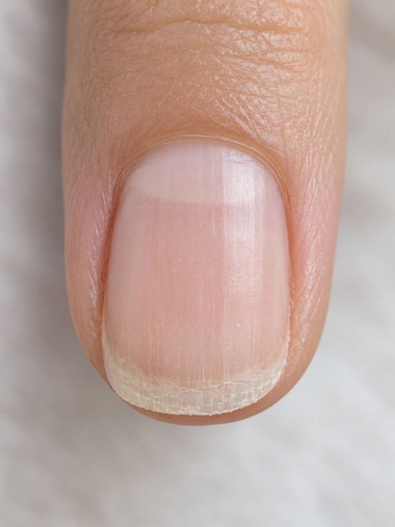 Natural fingernail showing smoother new growth near the base and an older rough tip