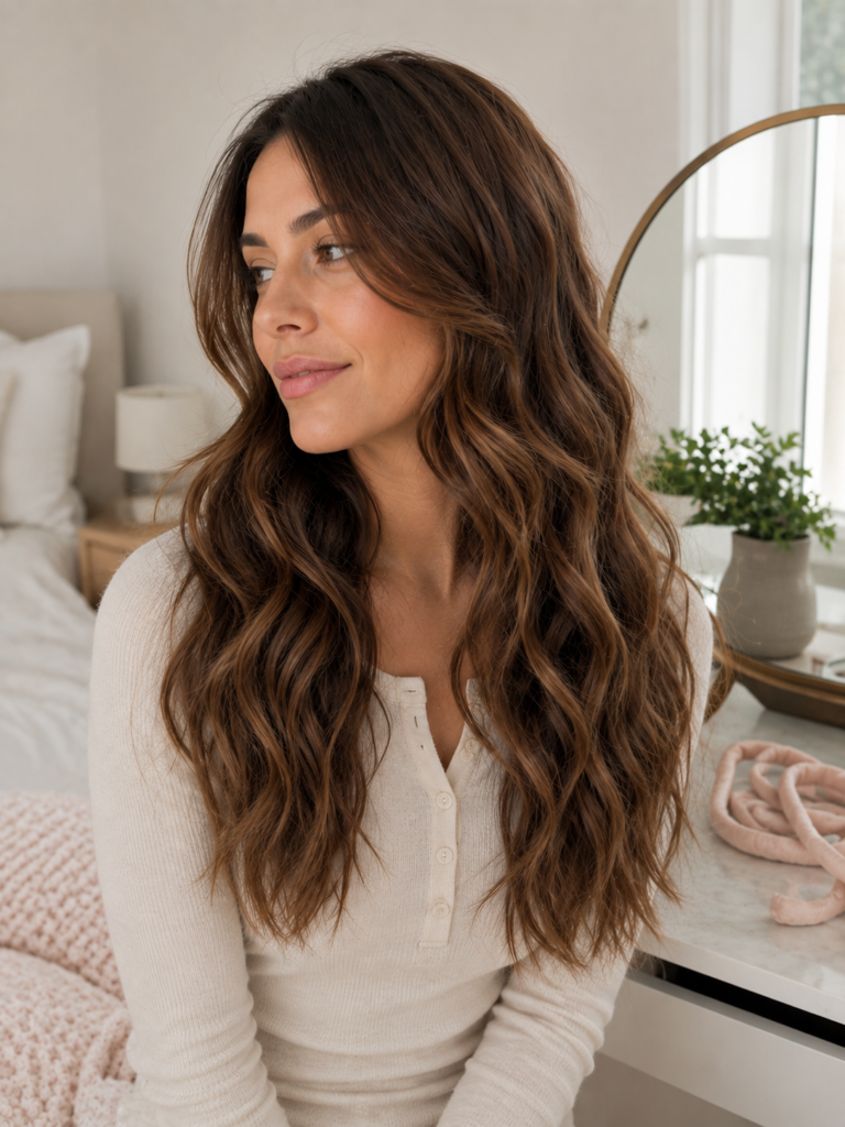 Long brown hair with loose heatless waves after fabric wraps have been removed