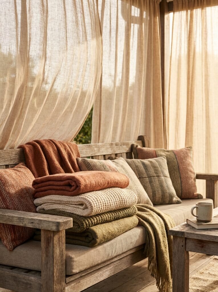 Layered cushions and soft blankets as cozy patio textile inspiration