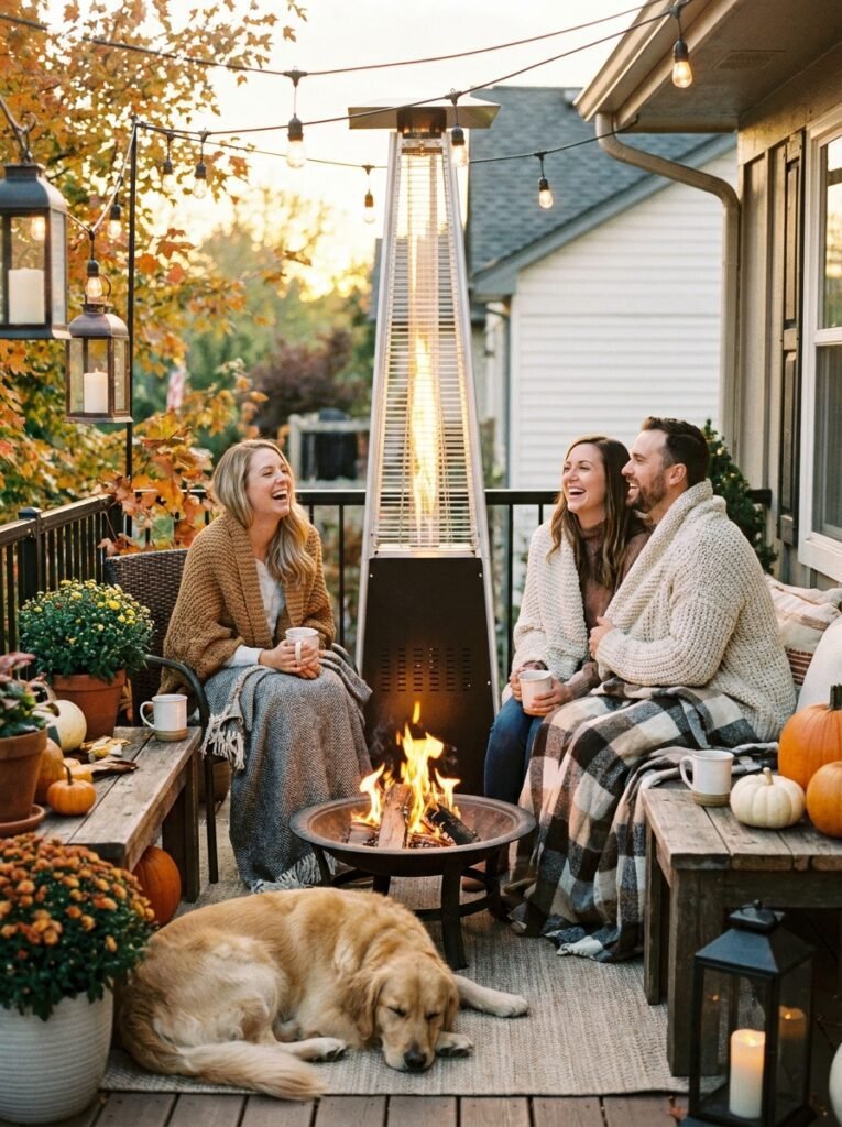 Year round cozy patio inspiration with heaters, blankets and warm lighting