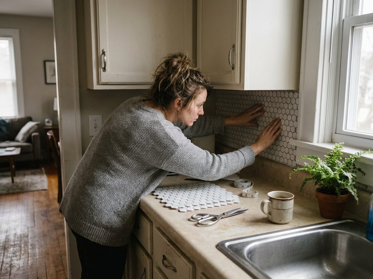 Renter applying peel and stick backsplash tile in a small apartment kitchen Caption: Reversible updates like peel and stick tiles refresh a rental kitchen without losing your deposit.