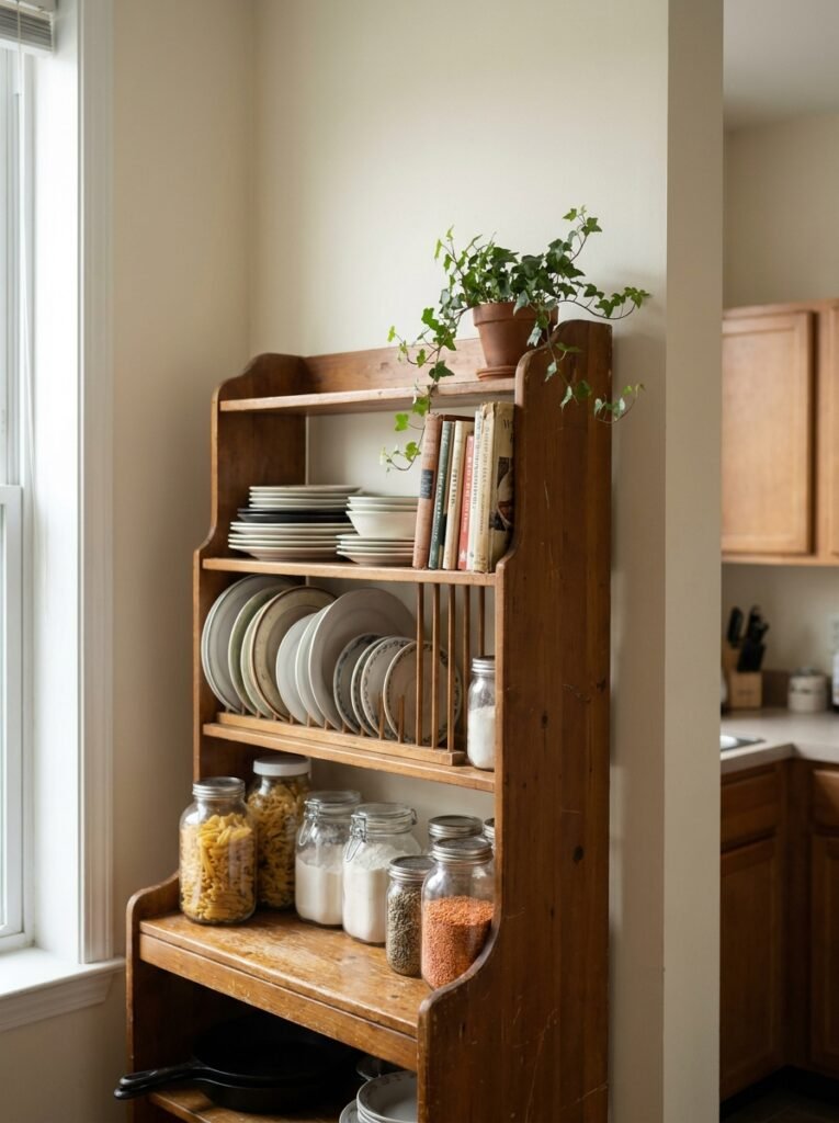 Freestanding wooden bakers rack used for storage in a rental kitchen