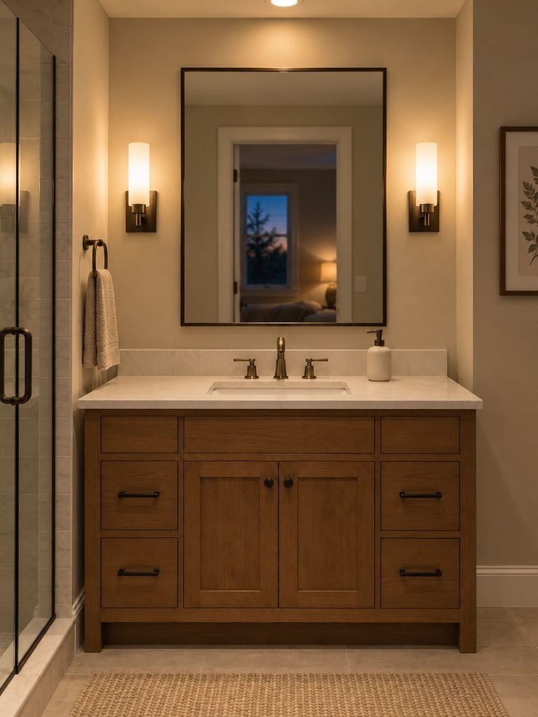 Bathroom vanity with warm ceiling light and sconces placed beside the mirror