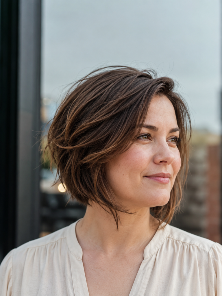 Woman with a layered short haircut showing movement outdoors in a park